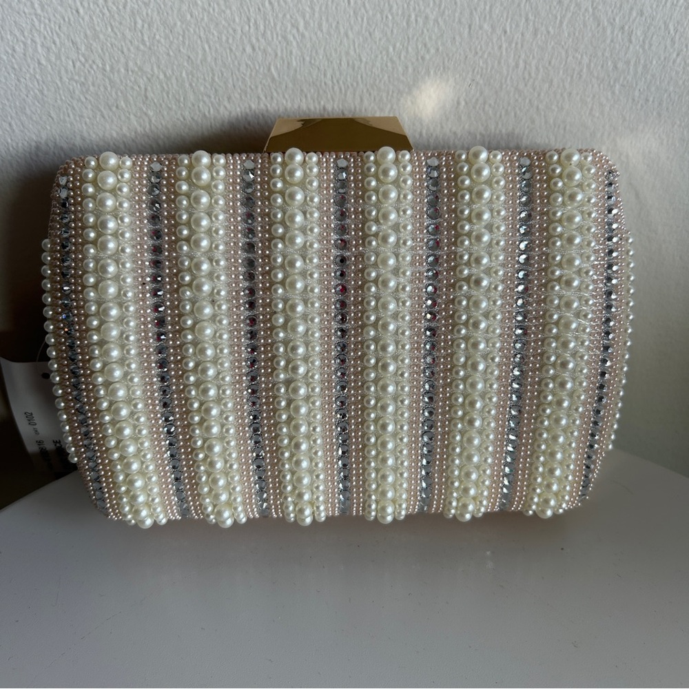 Kelly & Katie Beaded Clutch Purse w/ Strap in White Pearl, Pink, Silver and Gold